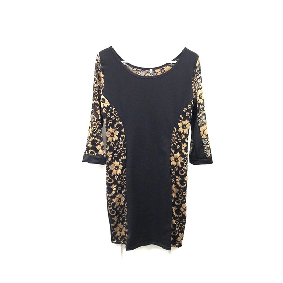 Black and Gold Lace-Paneled Party Dress - Picture 1 of 7